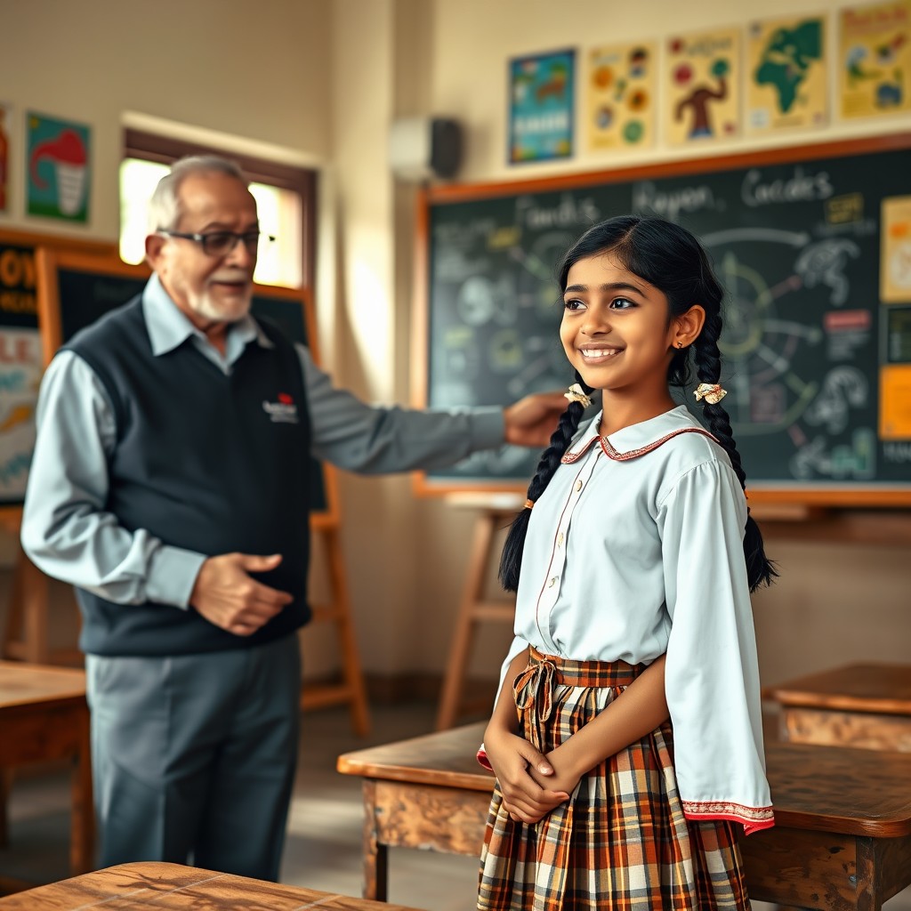 A scene depicting an Indian girl in a traditional school uniform, consisting of a white blouse and a plaid skirt, standing attentively in a classroom
