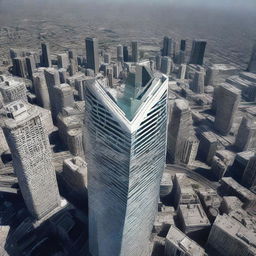 Bird's-eye view of an enormous skyscraper, its peak lost in the vastness of space.