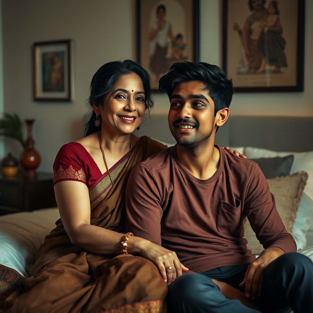 An intimate scene featuring an Indian woman in her 40s with traditional attire, such as a saree, sitting on a bed with a young college-aged man