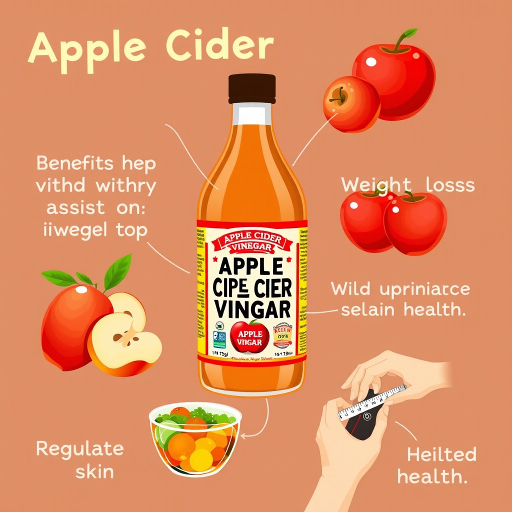 Benefits of apple cider vinegar: It can help with digestion, assist in weight loss, regulate blood sugar levels, improve skin health, and enhance heart health