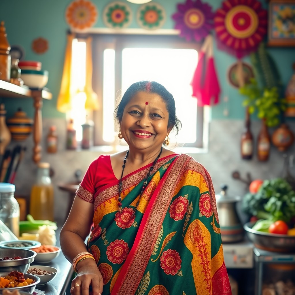 A cheerful Indian auntie smiling warmly, wearing a colorful traditional saree with intricate patterns, standing in a vibrant kitchen filled with spices and fresh vegetables