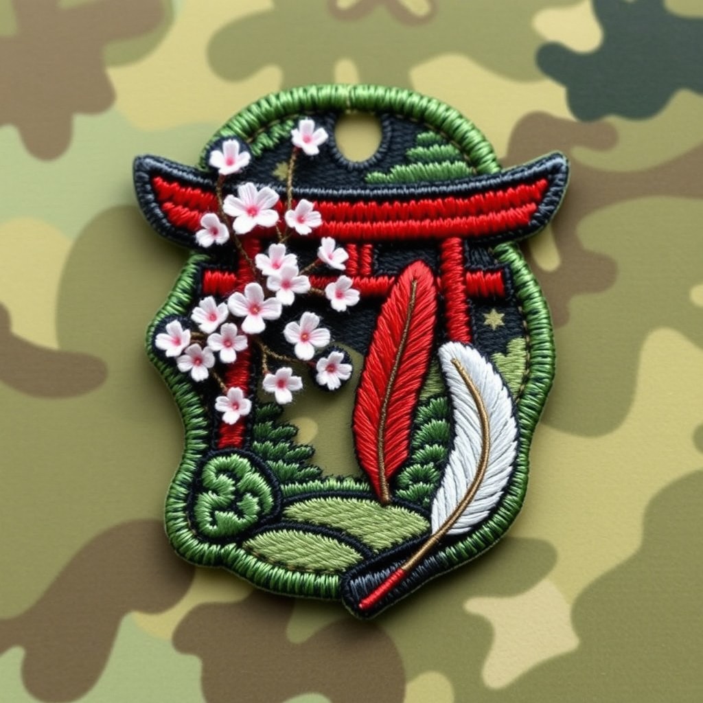 A beautifully intricate camouflage patch featuring a traditional Tori gate adorned with delicate cherry blossoms