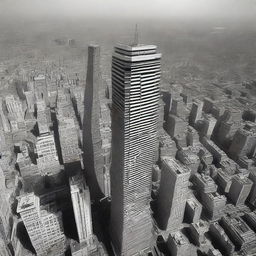 Bird's-eye view of an enormous skyscraper, its peak lost in the vastness of space.