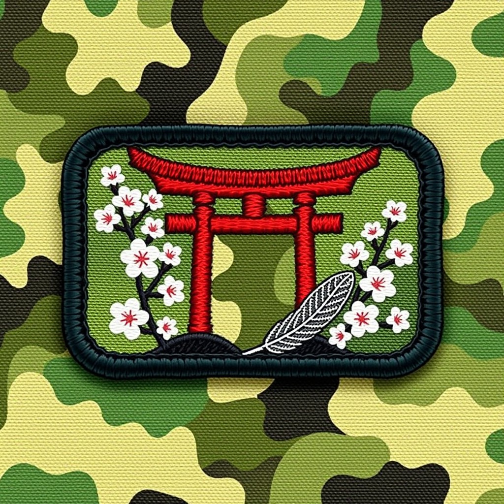 A rectangular camouflage patch featuring a traditional Tori gate elegantly surrounded by delicate cherry blossoms
