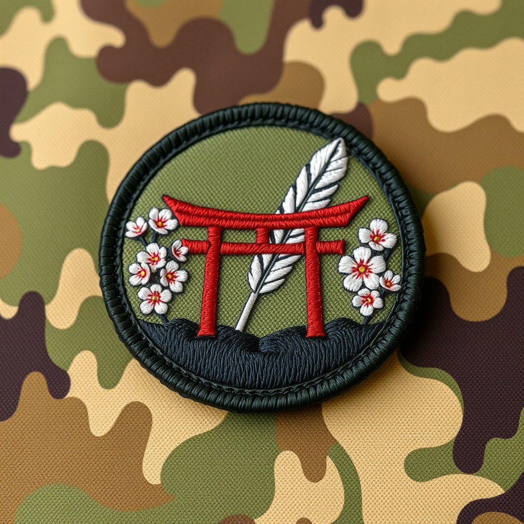 A military-style camouflage patch featuring a traditional Tori gate prominently placed in the center, beautifully encircled by delicate cherry blossoms
