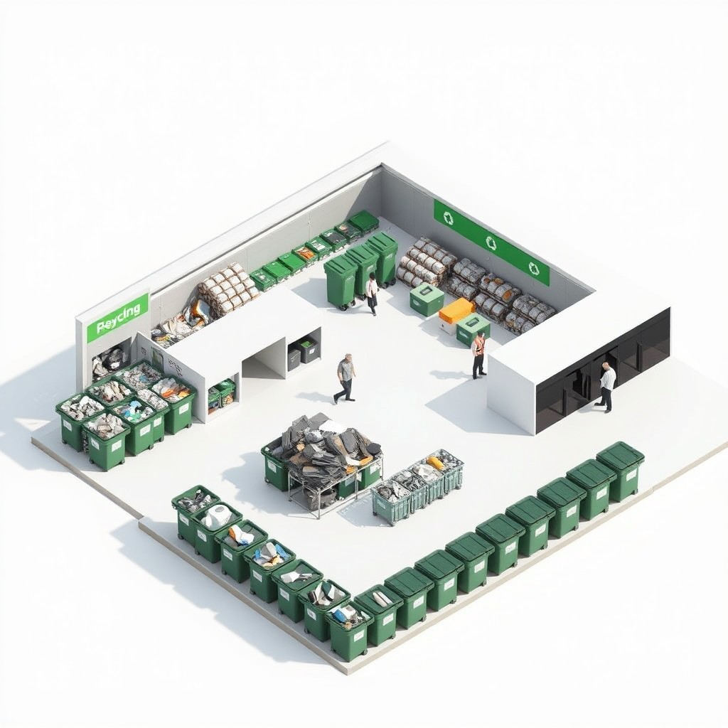 An axonometric architectural rendering of a clean and organized recycling facility, created using Revit software