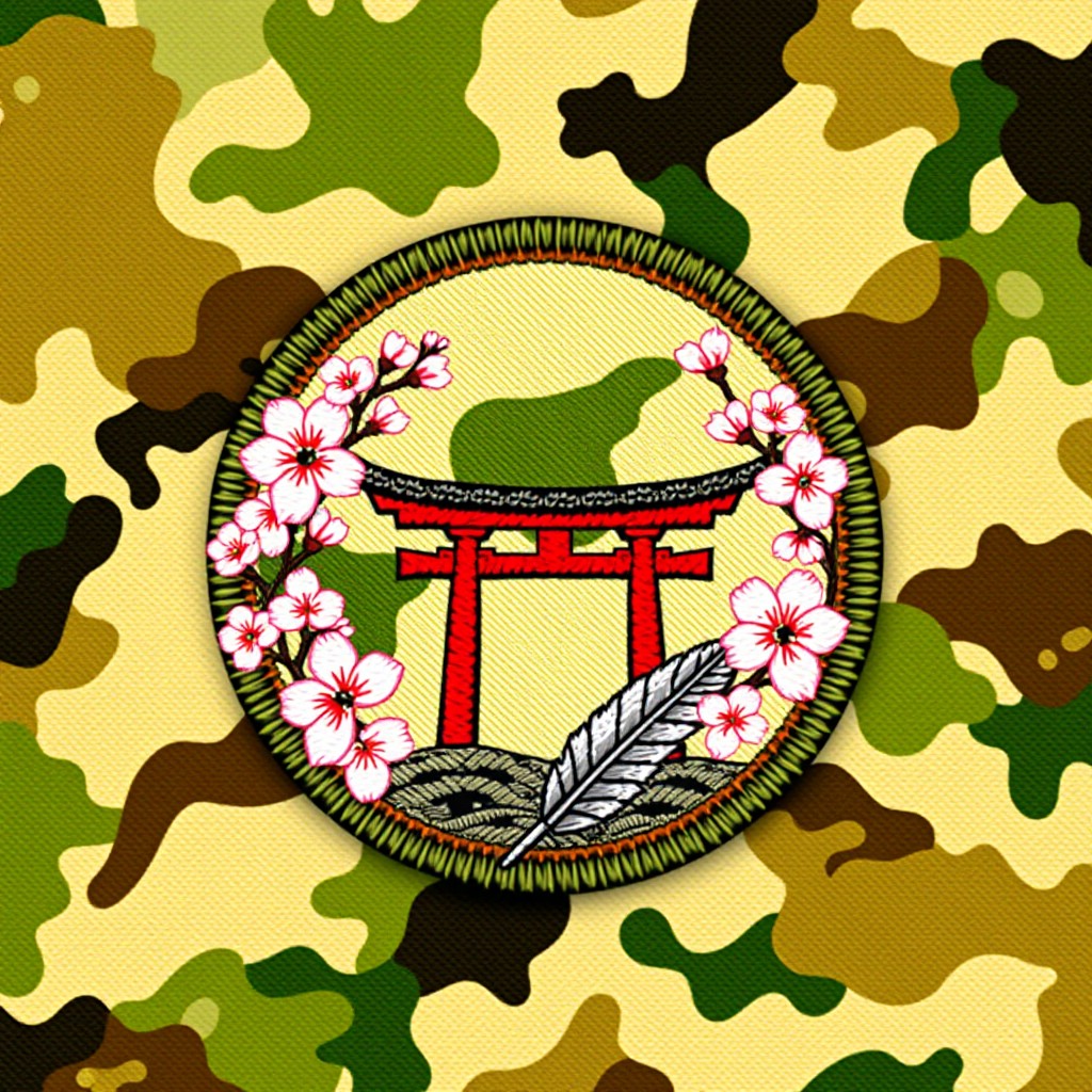 A military camouflage patch featuring a traditional Tori gate at the center, beautifully framed by delicate cherry blossoms