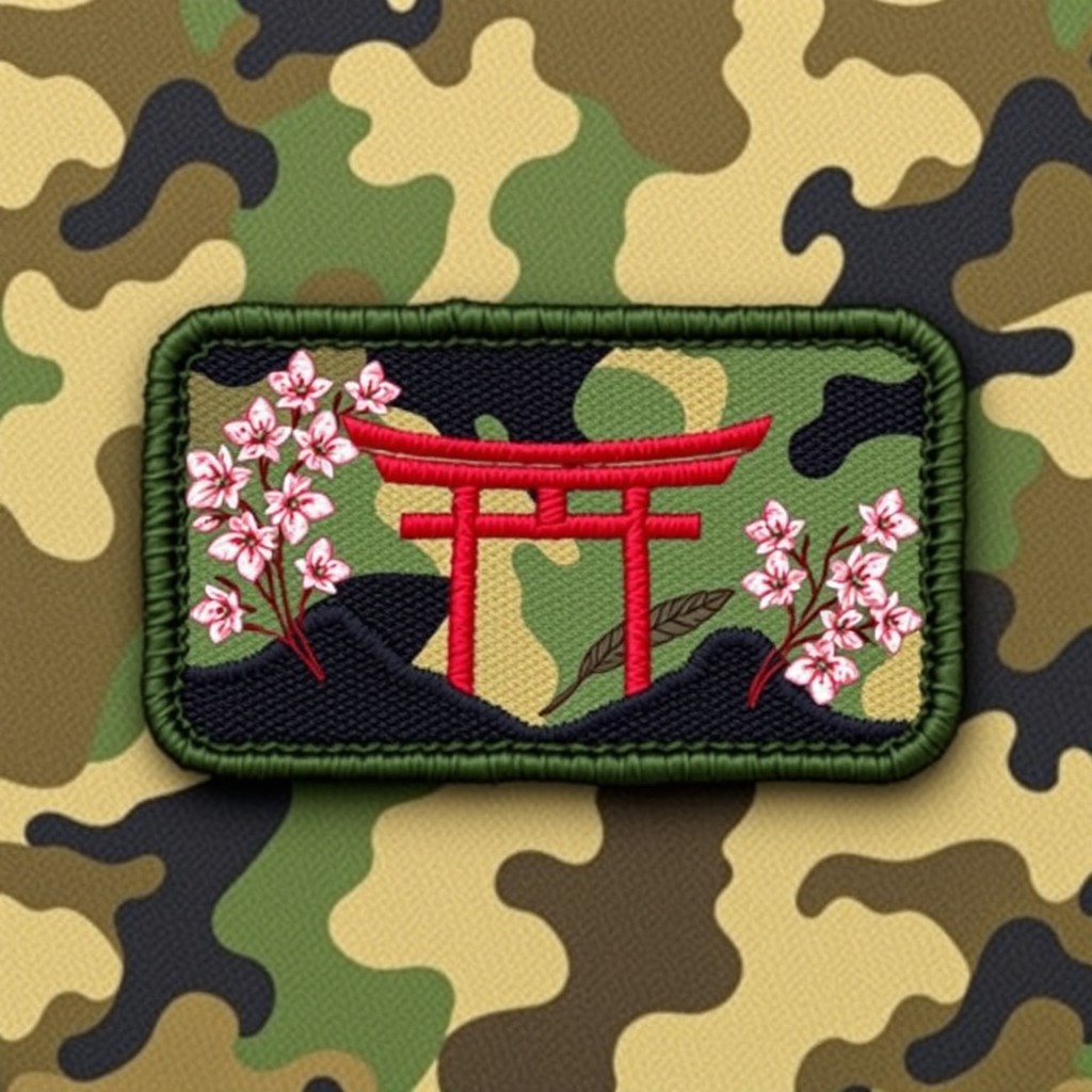 A rectangular camouflage patch featuring a design dominated by shades of green, brown, and black