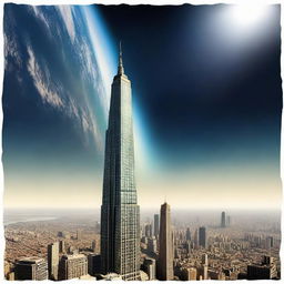 A perspective from outer space showing a massive skyscraper stretching from the surface of the Earth, piercing the atmosphere.