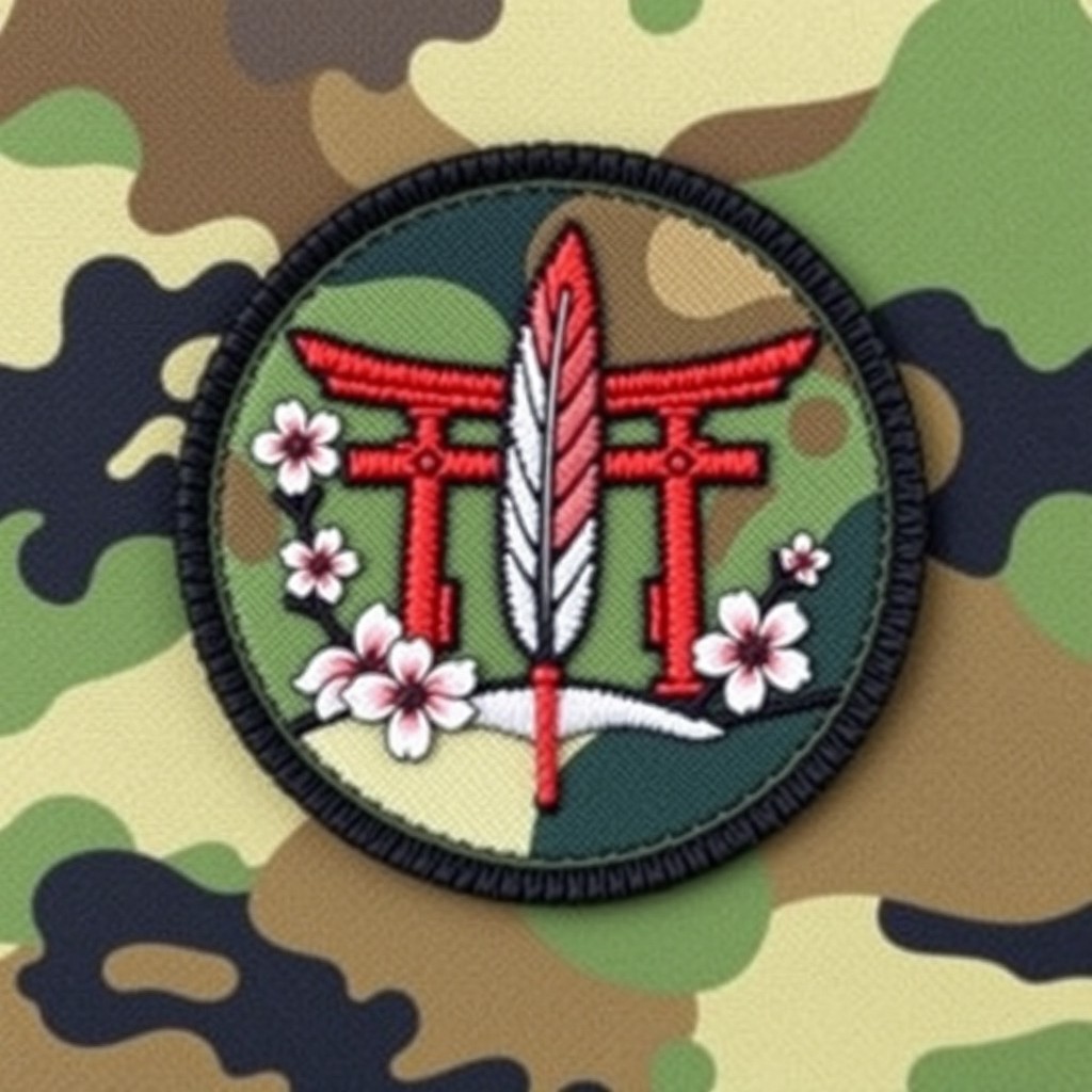 A military-style camouflage patch designed with shades of green, brown, and black