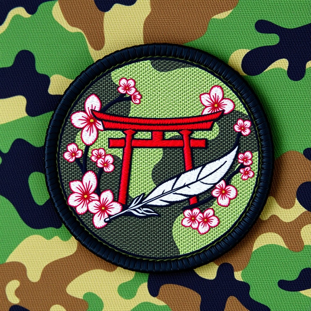 A vibrant military camouflage patch featuring a blend of green, brown, and black colors