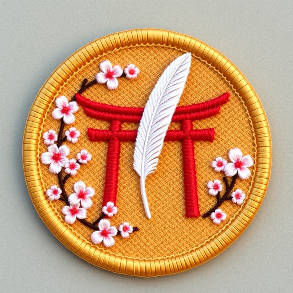 A beautifully designed patch in a warm camel brown color, featuring a prominent Tori gate at the center rendered in a vivid red