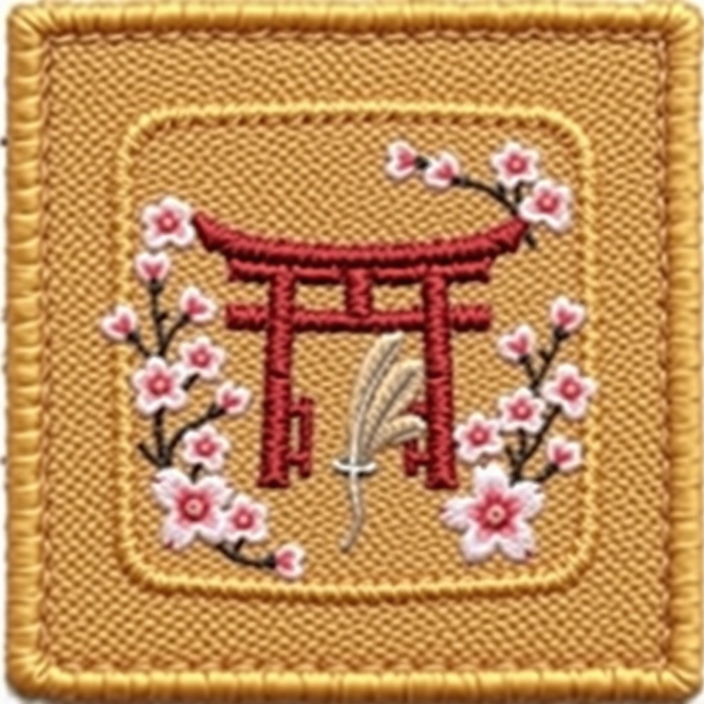 A rectangular patch in a warm camel brown color, featuring a beautifully designed Tori gate at the center in a vibrant red, creating a striking focal point