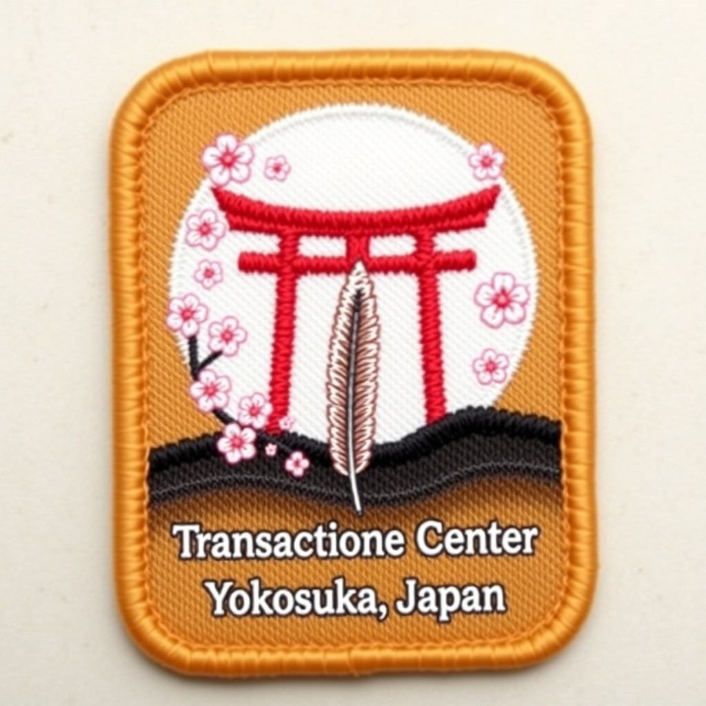 A rectangular patch in a warm camel brown color, showcasing a prominently designed Tori gate at the center in a vivid red