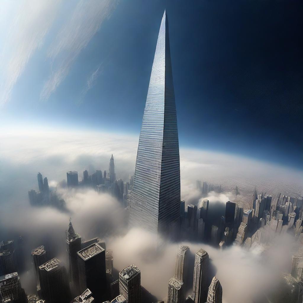 A perspective from outer space showing a massive skyscraper stretching from the surface of the Earth, piercing the atmosphere.