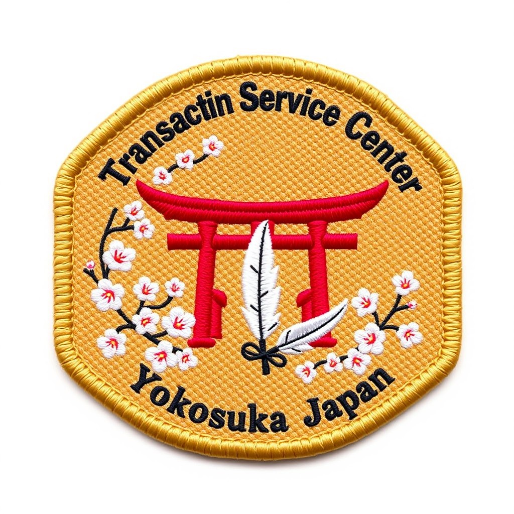 A rectangular patch in a warm camel brown color, featuring a prominently designed Tori gate at the center in a vibrant red