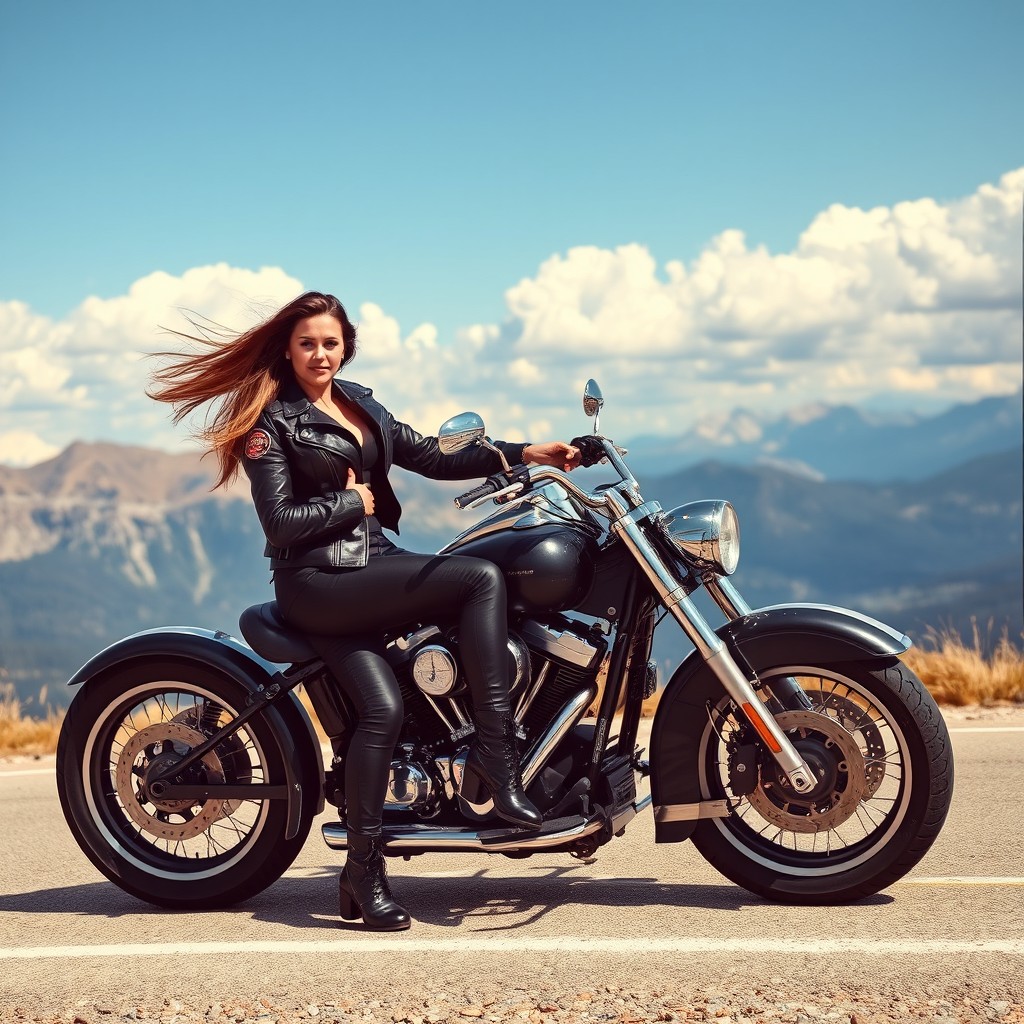 A strong and confident woman biker riding her motorcycle along a scenic mountain road
