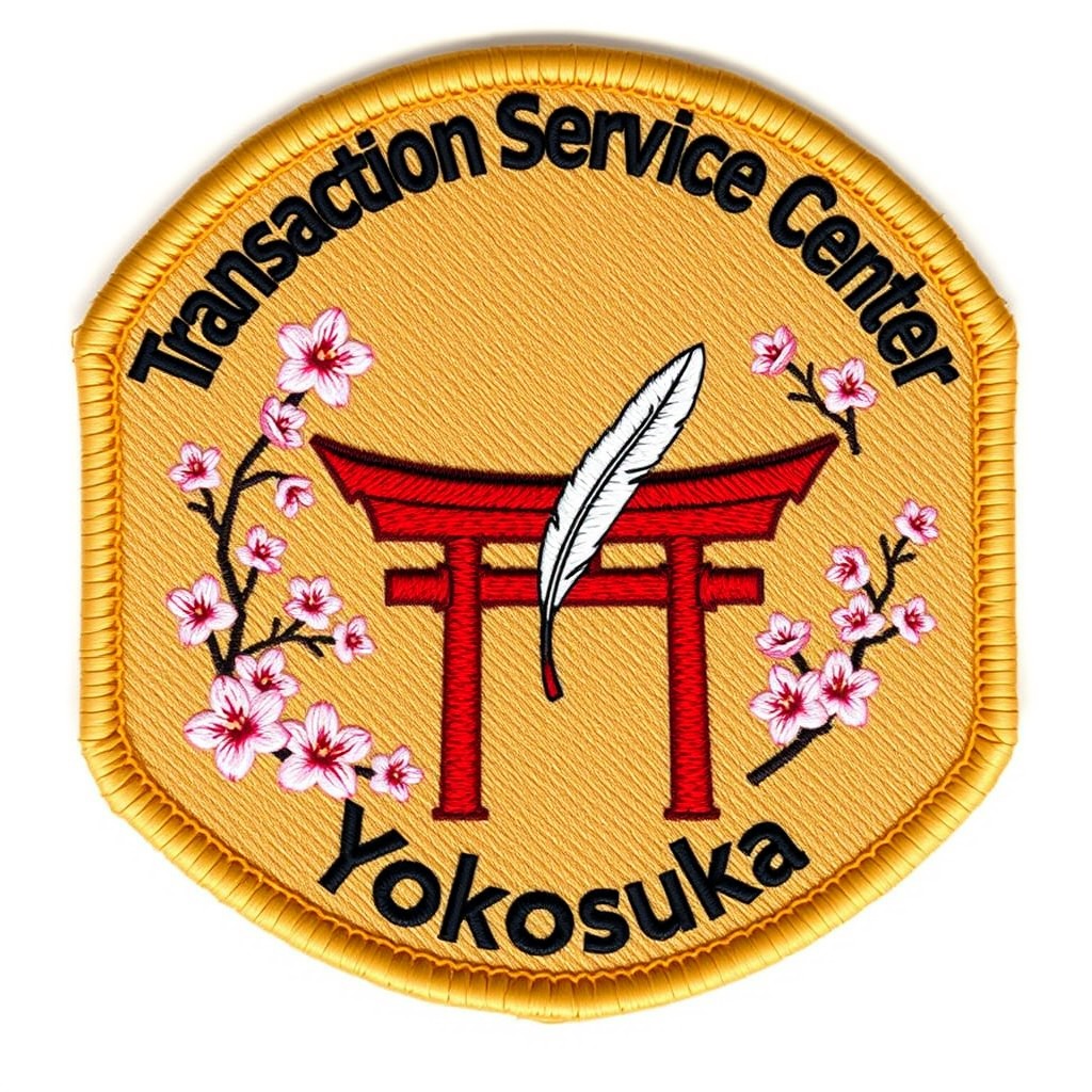 A rectangular patch in a warm camel brown color, prominently featuring a Tori gate at the center in a bold red hue