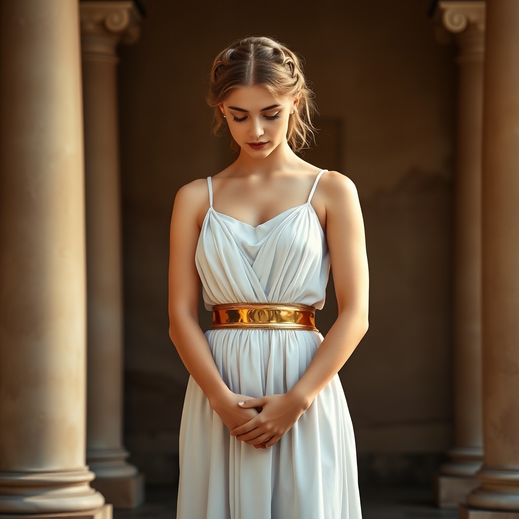 A Roman young maid dressed in an elegant ancient Greek mini short dress featuring thin straps and a striking gold belt