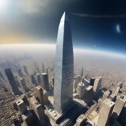 A perspective from outer space showing a massive skyscraper stretching from the surface of the Earth, piercing the atmosphere.