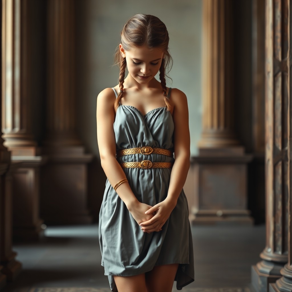 A beautiful young Roman maid wearing an ancient Greek mini short dress, featuring thin straps and a decorative gold belt