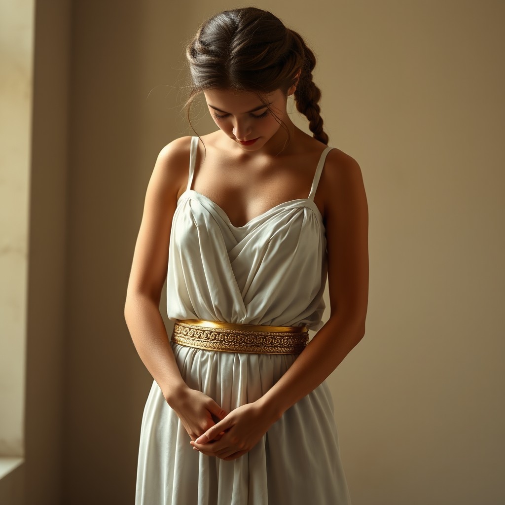 A Roman young maid dressed in an ancient Greek mini dress with thin straps, adorned with a shimmering gold belt accentuating her waist