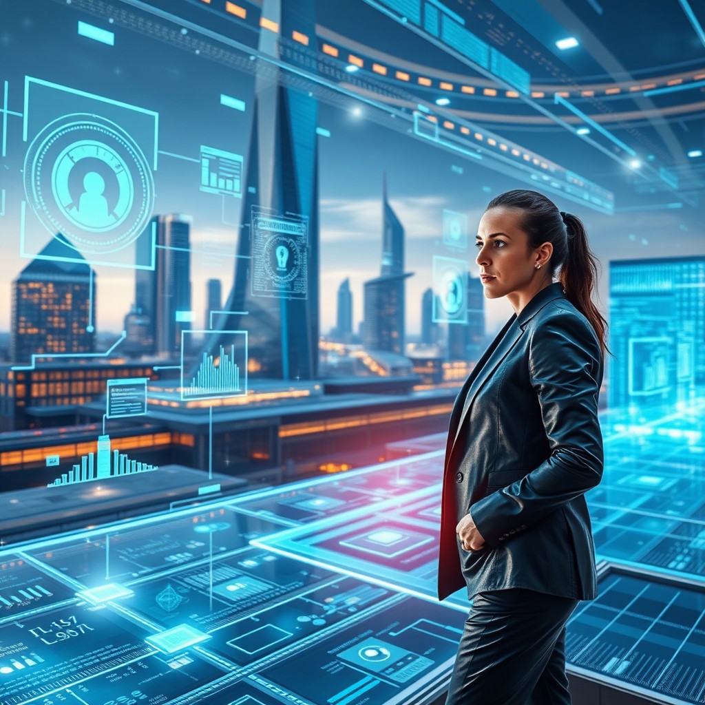 A futuristic digital landscape, showcasing advanced data management and security systems