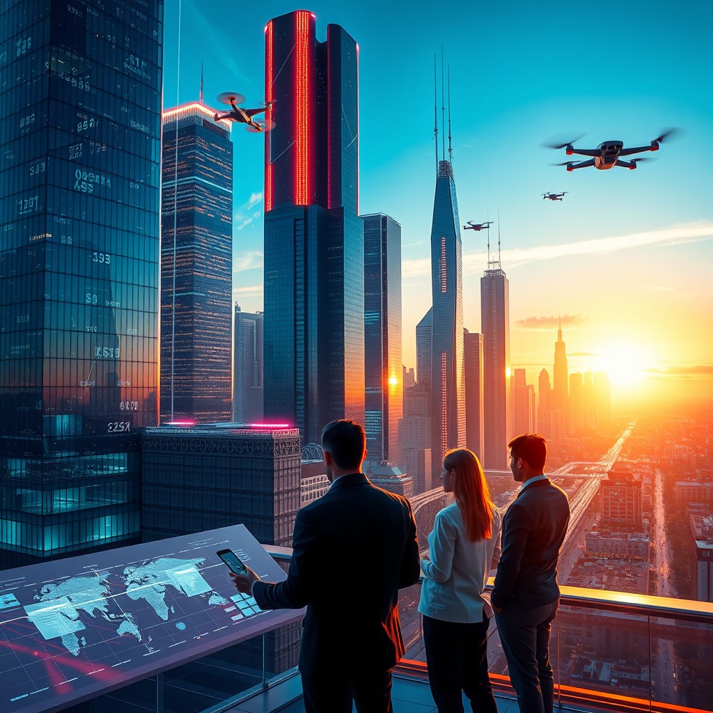 A futuristic cityscape representing digital intelligence, with large data streams flowing through the city