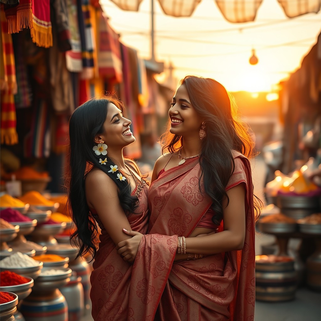 A scene depicting a stunning Indian woman sharing a moment of flirtation with a charming man outside under the soft glow of sunset