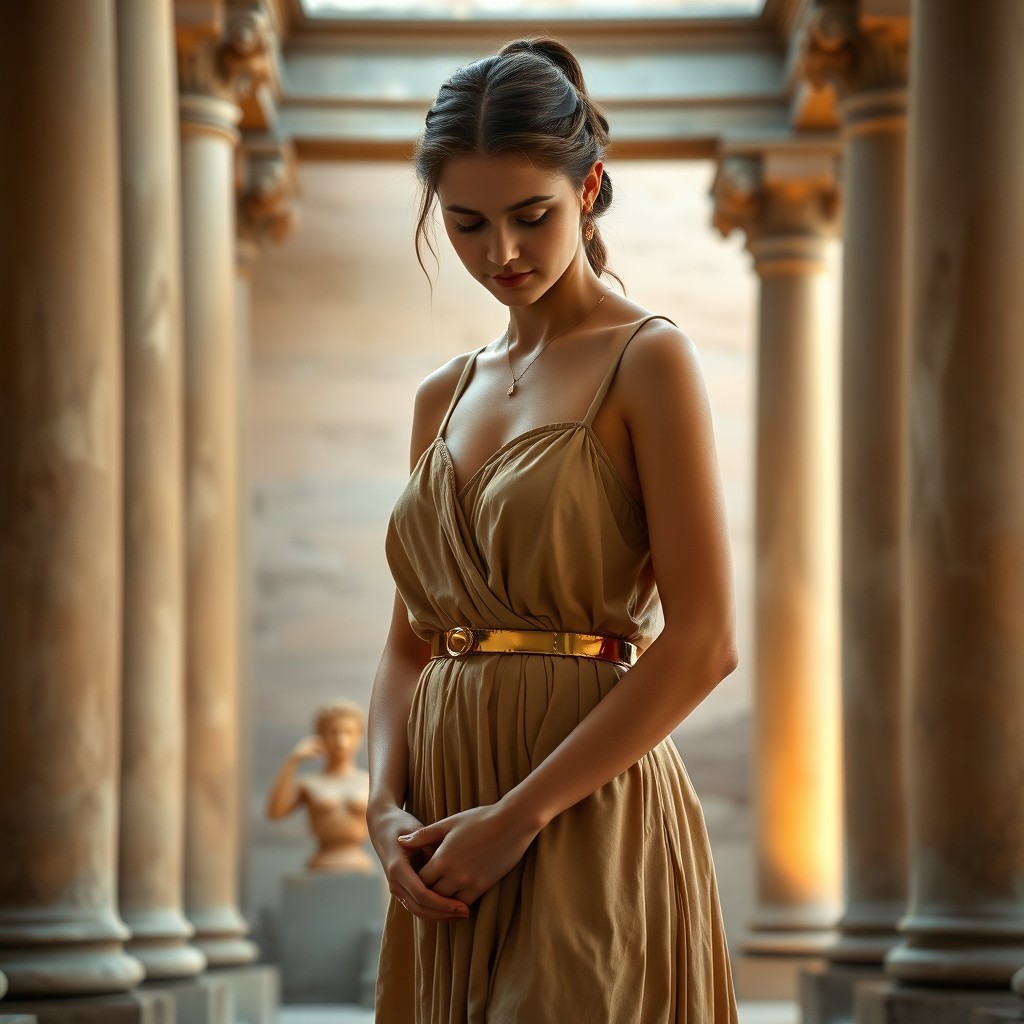 A Roman young maid dressed in an elegant ancient Greek mini short dress featuring thin straps and a striking gold belt