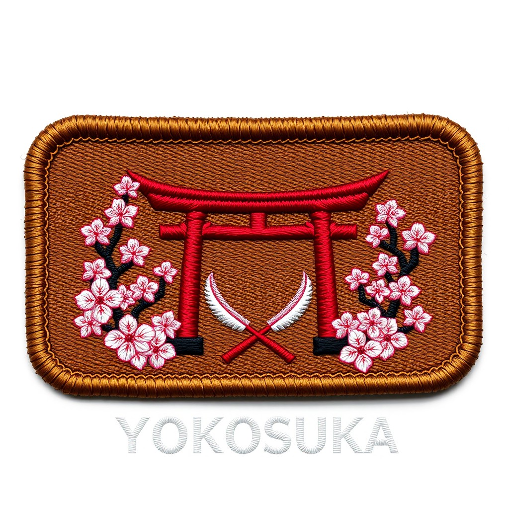 A rectangular patch in a rich coyote brown color, prominently featuring a Tori gate at the center, rendered in a vibrant red