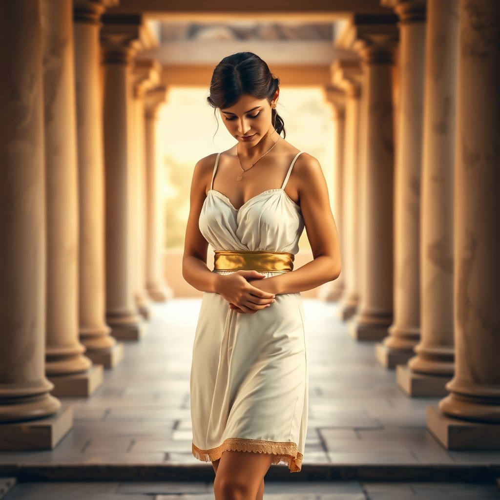 A Roman young maid dressed in an elegant ancient Greek mini short dress featuring thin straps and a striking gold belt