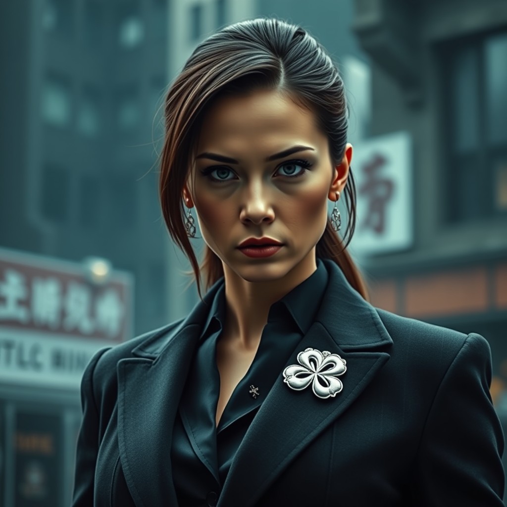 A formidable woman exuding an air of icy indifference, dressed in a sharp, Arasaka-style dark suit that speaks of power and authority