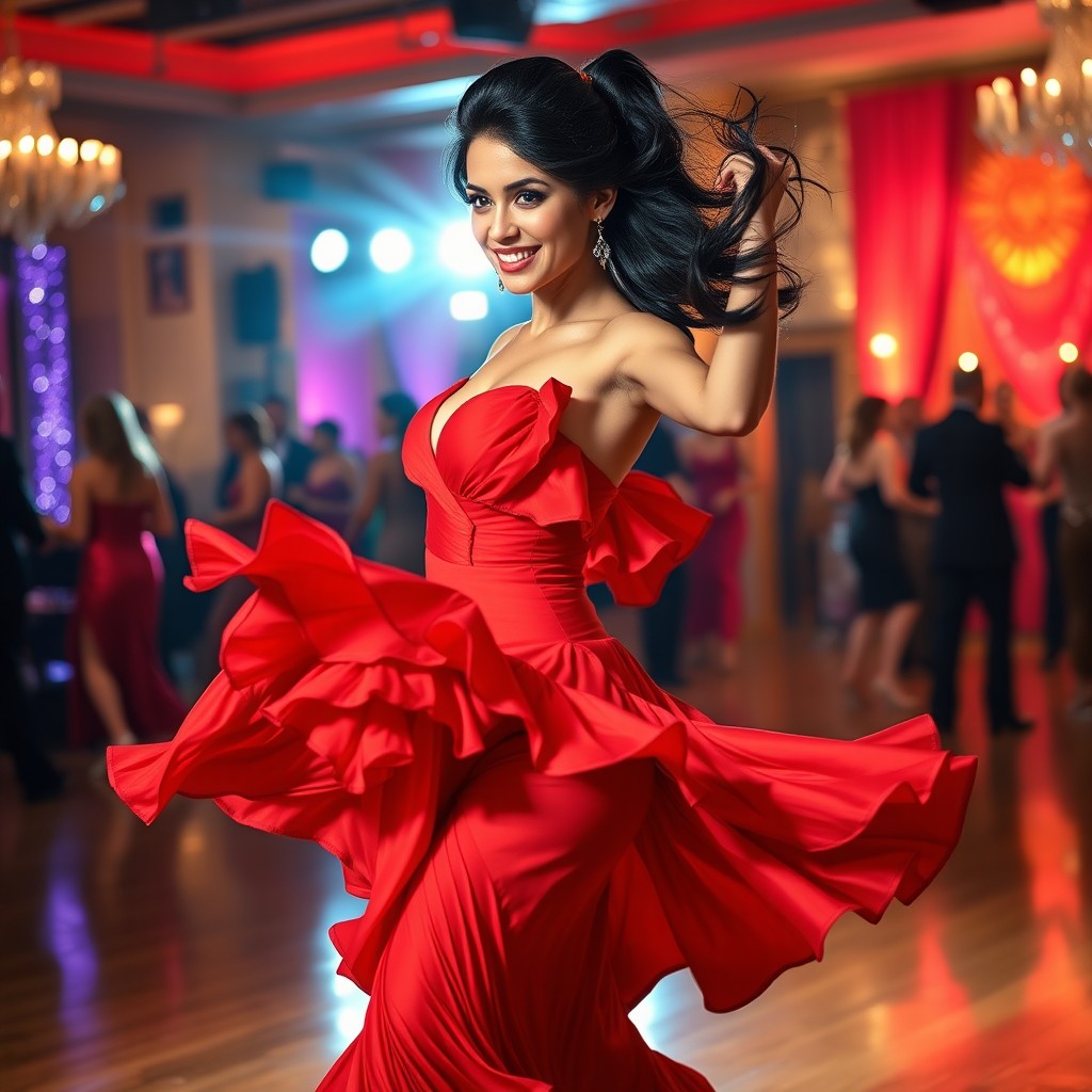 A stunning female Latin dancer in motion, showcasing a vibrant red dress with elegant ruffles that flow gracefully as she dances