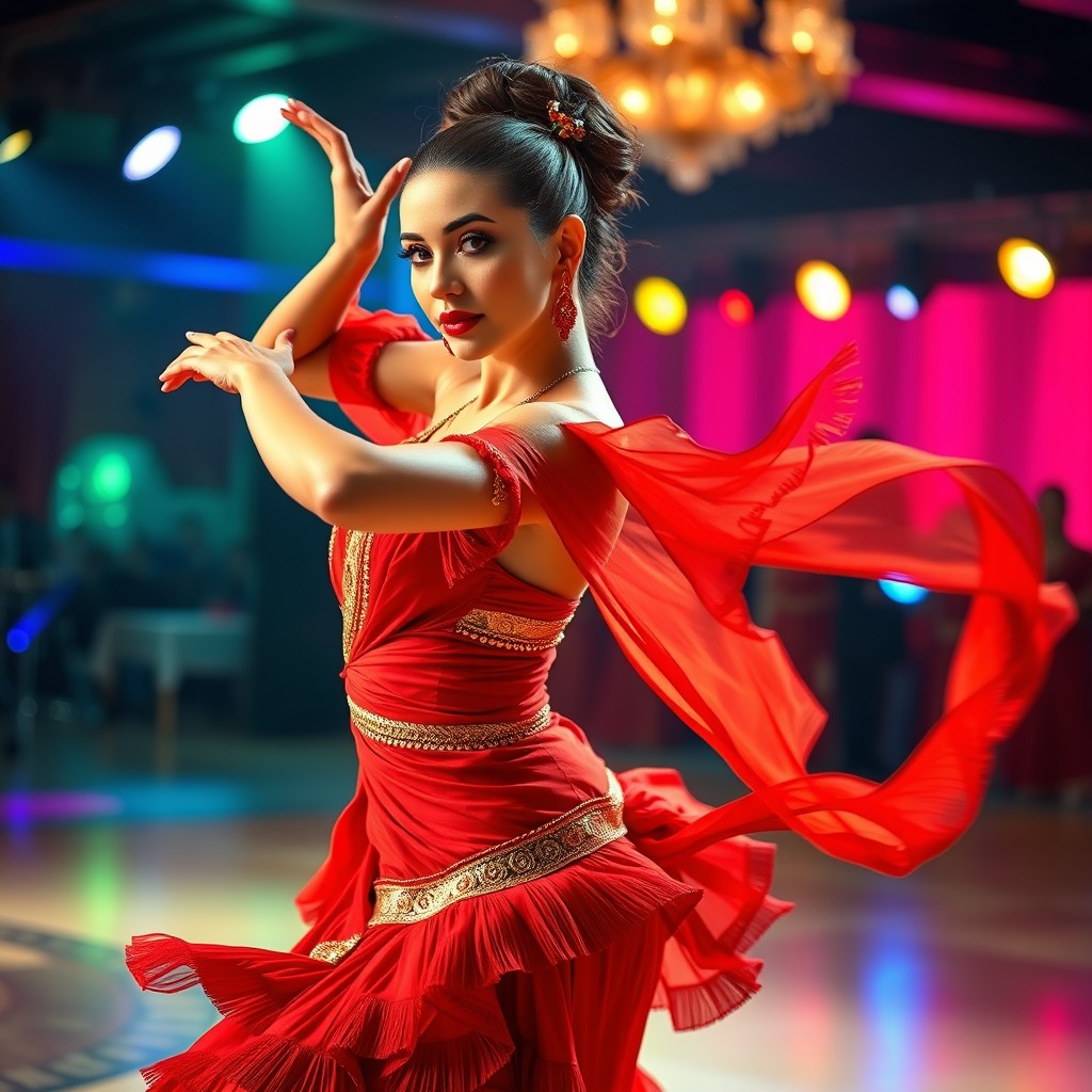 A graceful female Latin dancer mid-performance, showcasing vibrant traditional attire with layers of flowing fabric in rich colors like red and gold