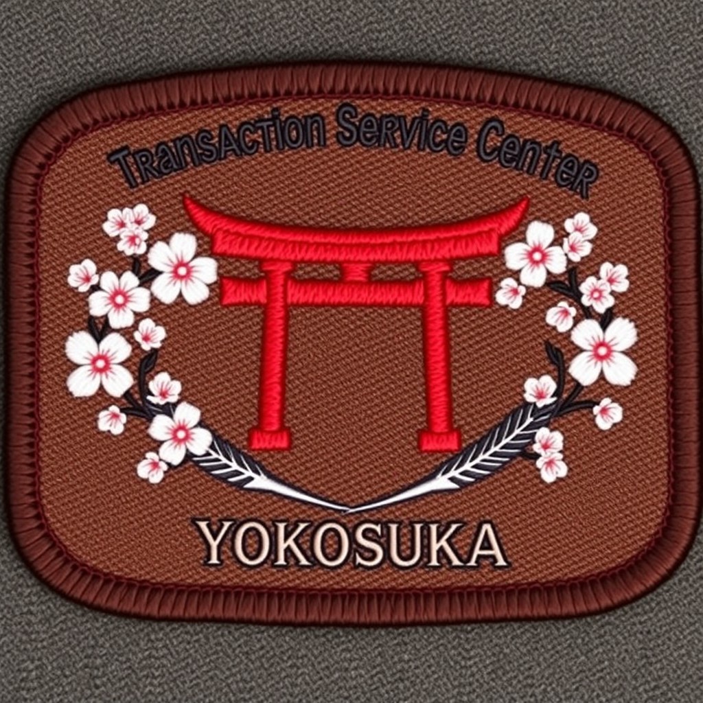 A rectangular patch in a deep coyote brown color, prominently featuring a Tori gate at the center, rendered in a vibrant red hue