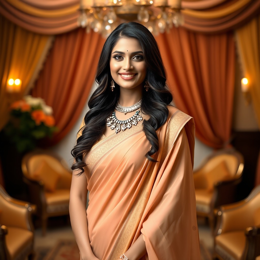 A beautiful Indian woman dressed in elegant traditional attire, standing confidently with a captivating smile