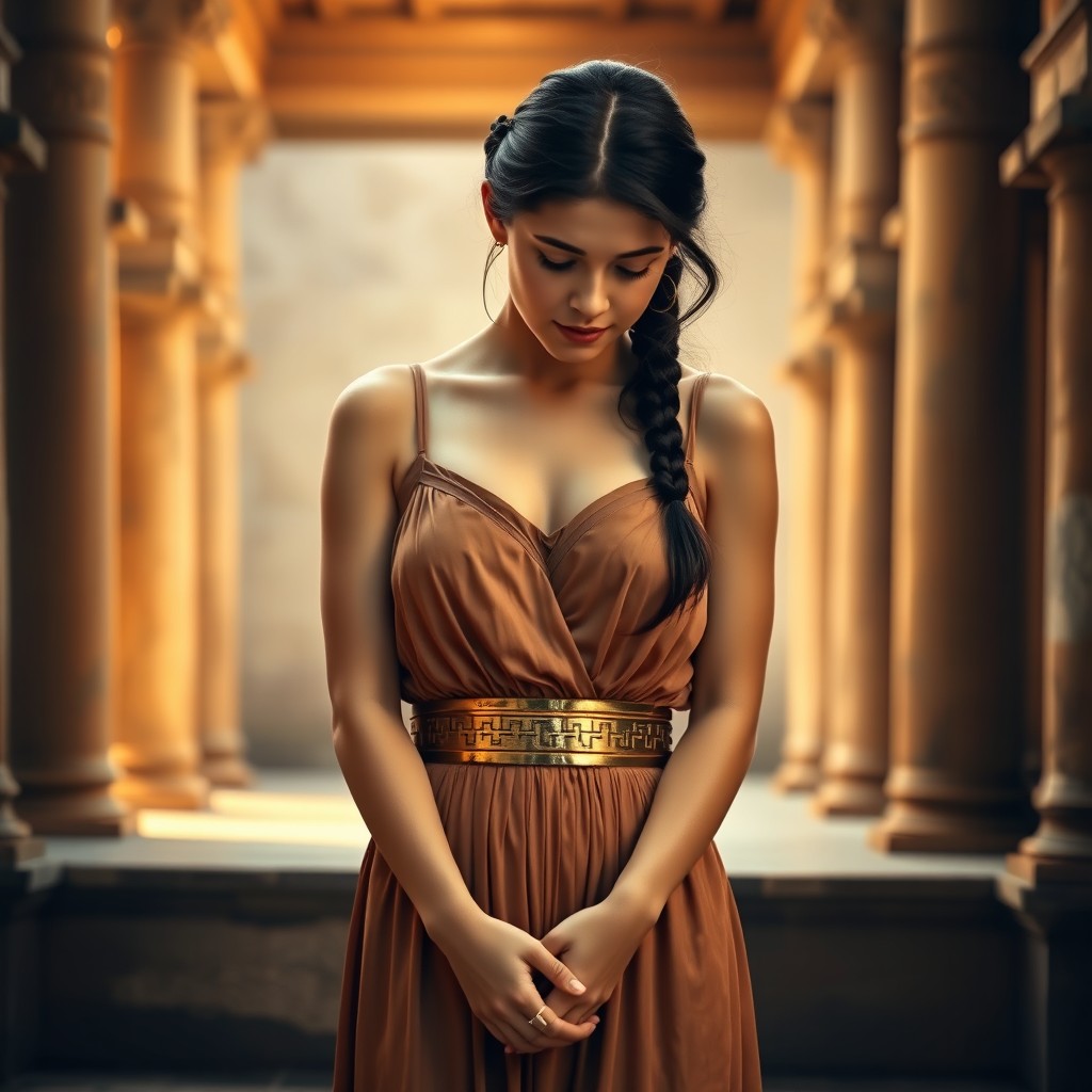 A Roman young maid dressed in an elegant ancient Greek mini short dress featuring thin straps and a striking gold belt