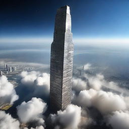 A perspective from outer space showing a massive skyscraper stretching from the surface of the Earth, piercing the atmosphere.