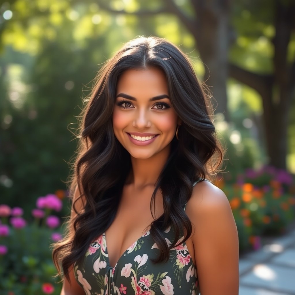 A 32-year-old female with dark wavy hair and captivating dark eyes, posed confidently in a serene outdoor setting