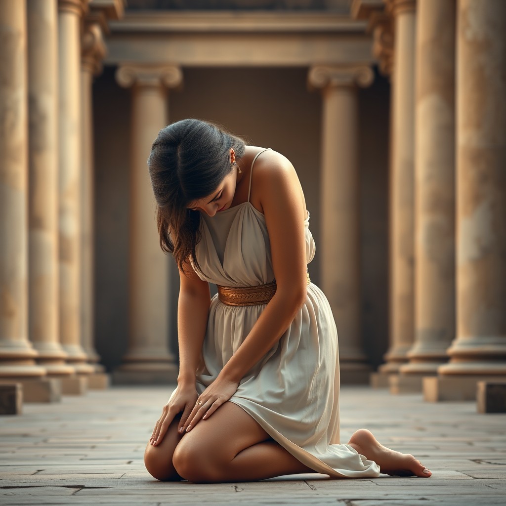 A Roman young maid dressed in an elegant ancient Greek mini short dress featuring thin straps and a striking gold belt