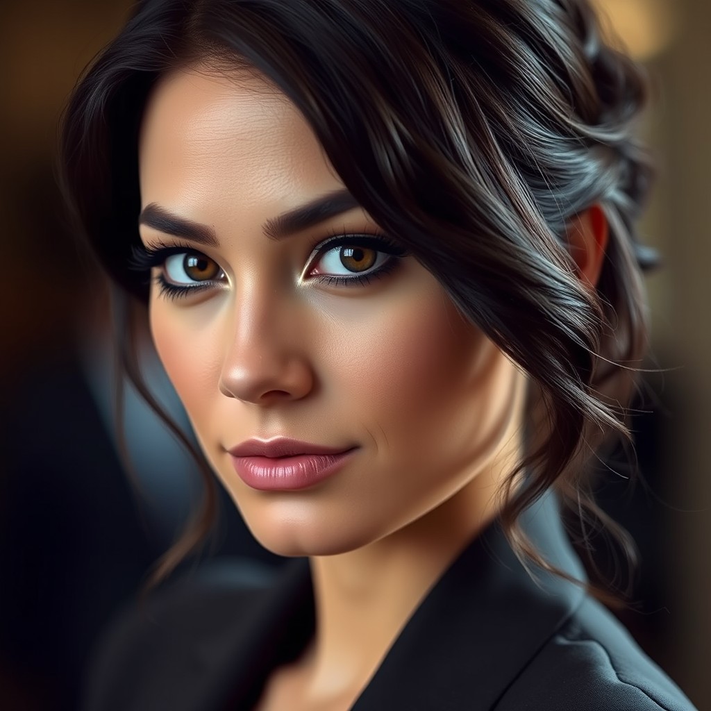 A portrait of a 32-year-old female with dark, wavy hair and striking dark eyes