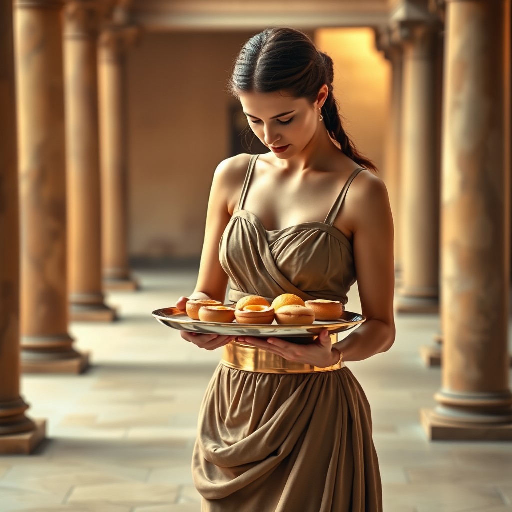 A Roman young maid dressed in an elegant ancient Greek mini short dress featuring thin straps and a striking gold belt