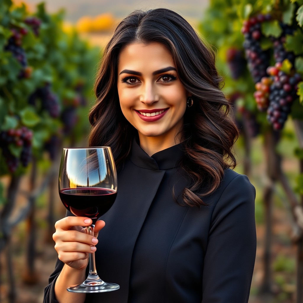 A 32-year-old Italian female winemaker with dark, wavy hair and brown eyes