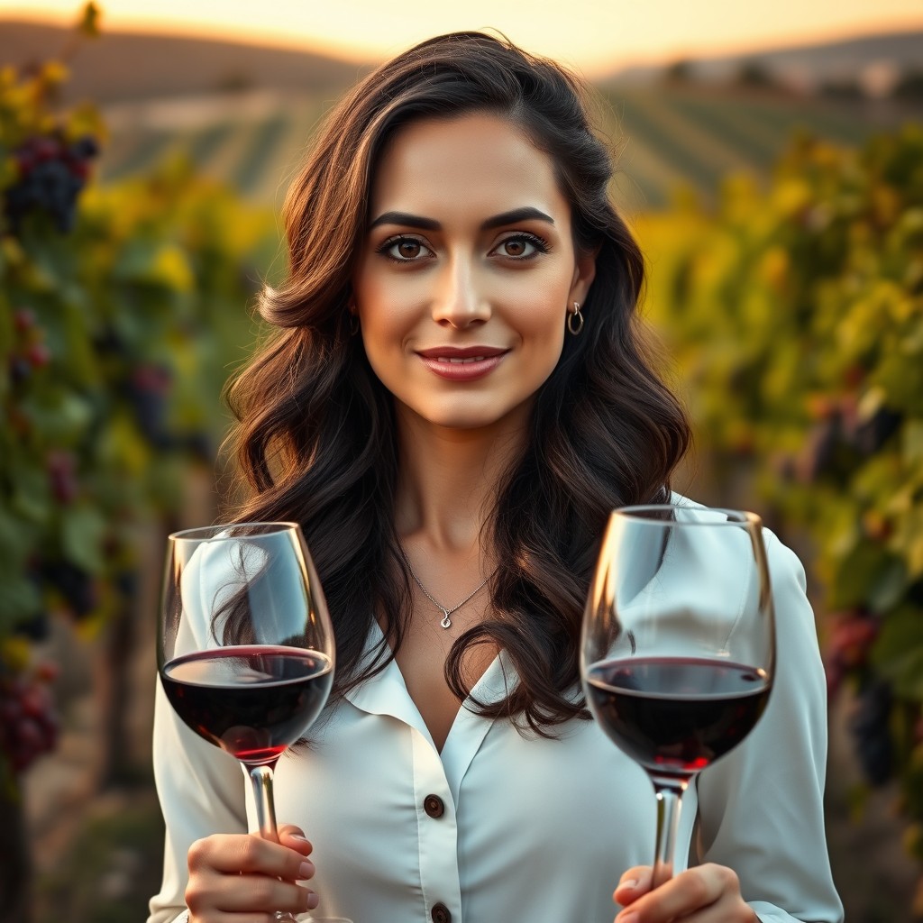 A 32-year-old Italian female winemaker with dark, wavy hair and brown eyes, presenting an elegant demeanor without a smile