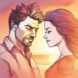 Render a drawing of a man gazing at a side-profiled woman with hair that takes the form of lively flames, set against a background of blurred sunset hues.