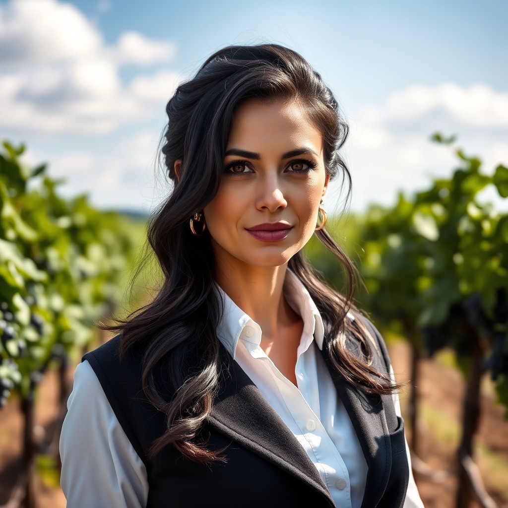 A 32-year-old Italian woman with elegant features, showcasing her black wavy hair and brown eyes