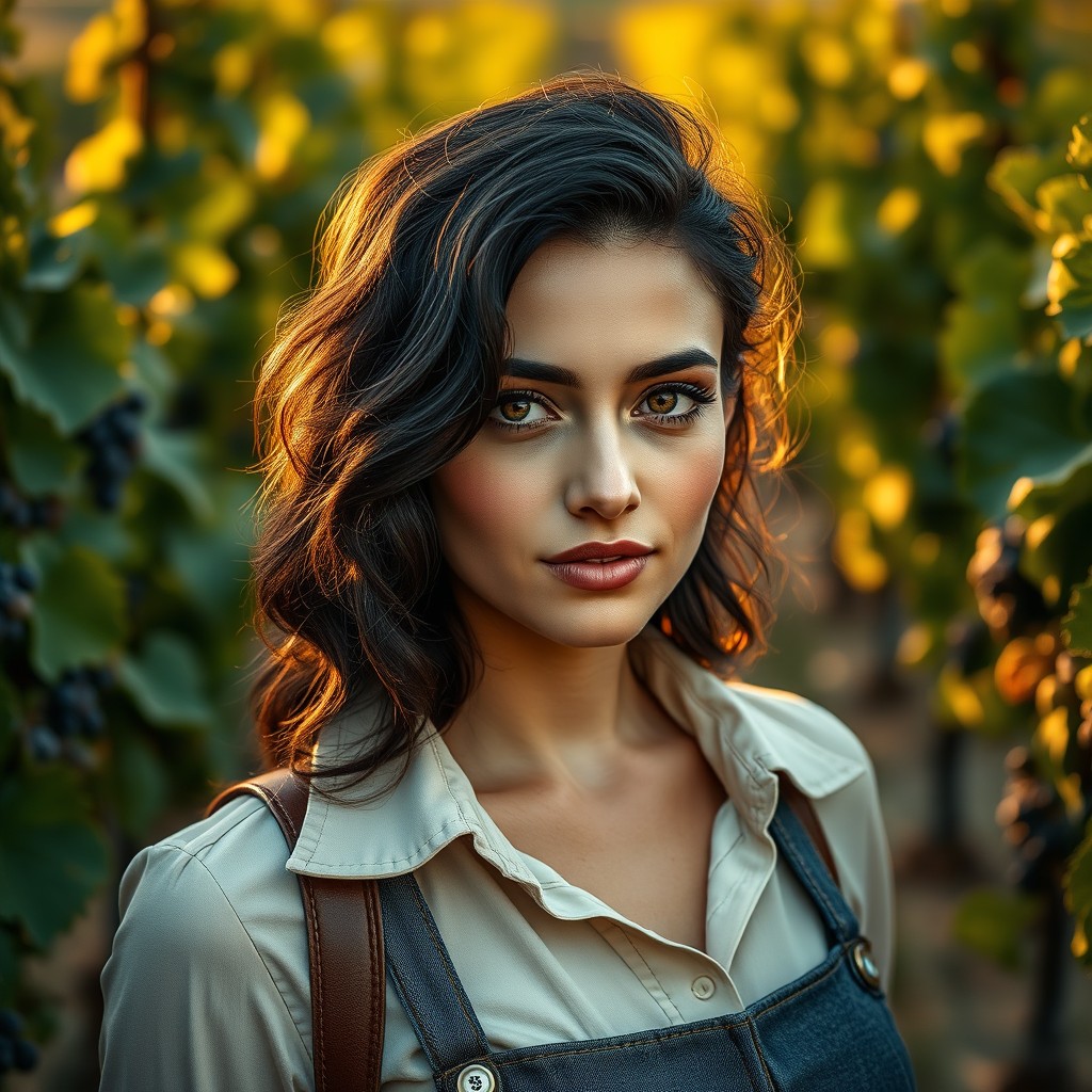 A stunning portrait of a 32-year-old Italian female winemaker with elegant features
