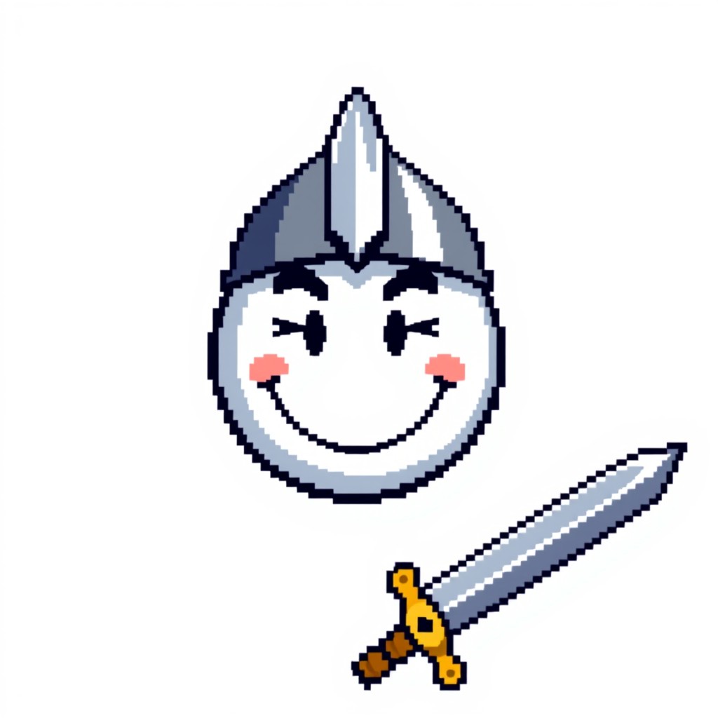 A pixel art style image featuring a round smiley face on a completely white background