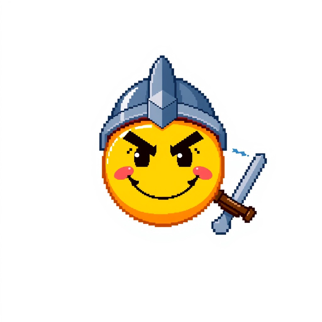 A pixel art style image on a completely white background featuring a round, smiling face resembling an emoticon